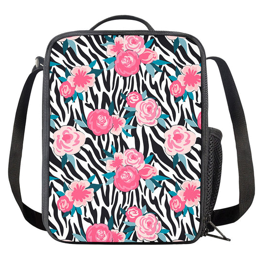 Black White Zebra Floral Pattern Print Crossbody Lunch Bag