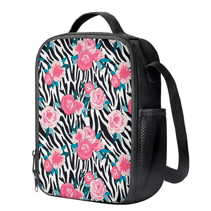 Black White Zebra Floral Pattern Print Crossbody Lunch Bag