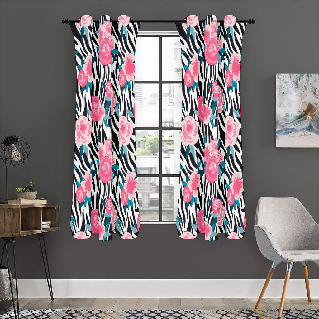 Black White Zebra Floral Pattern Print Curtain