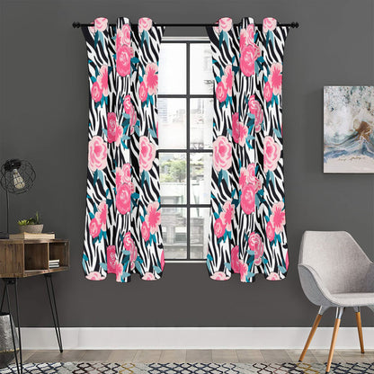 Black White Zebra Floral Pattern Print Curtain