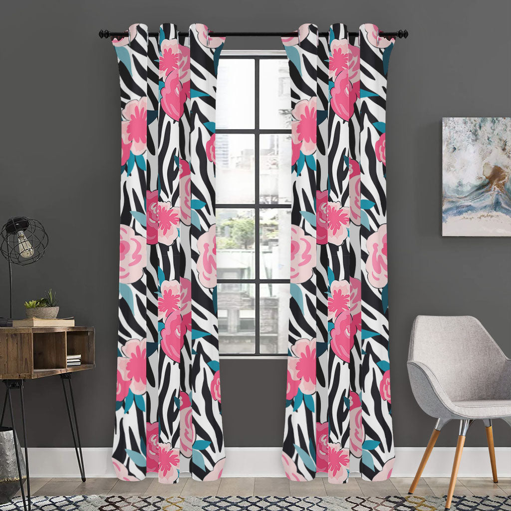 Black White Zebra Floral Pattern Print Curtain