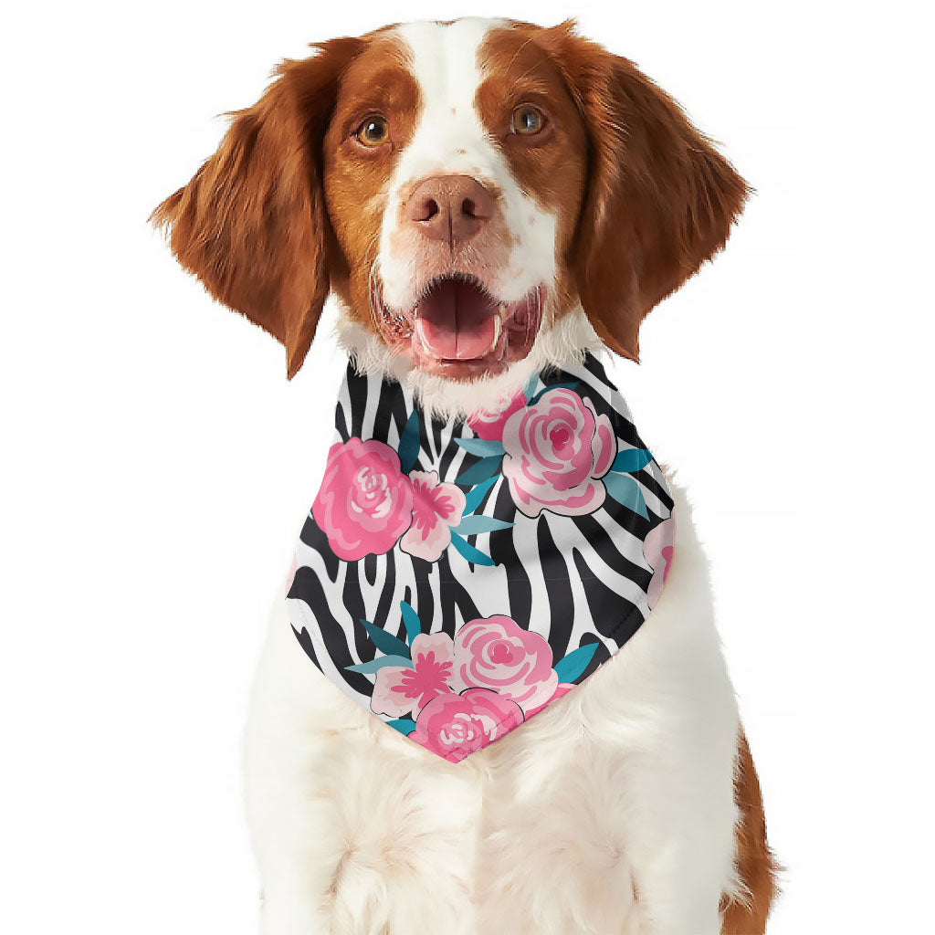 Black White Zebra Floral Pattern Print Dog Bandana