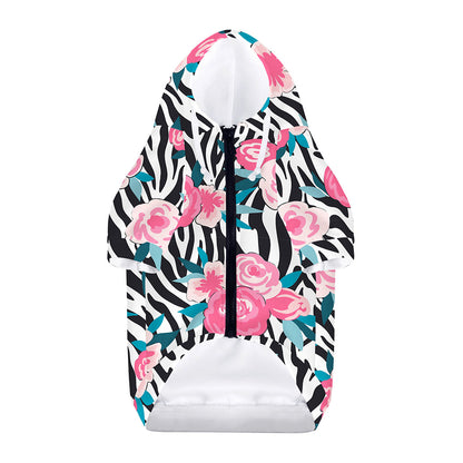 Black White Zebra Floral Pattern Print Dog Zip Up Hoodie