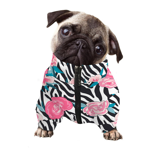 Black White Zebra Floral Pattern Print Dog Zip Up Jacket