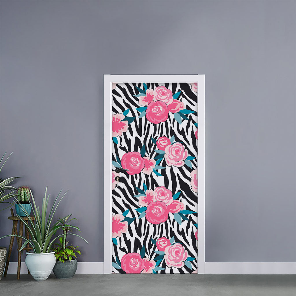 Black White Zebra Floral Pattern Print Door Sticker