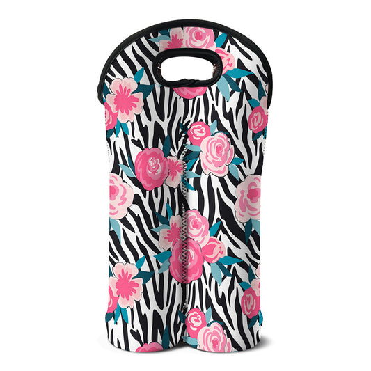 Black White Zebra Floral Pattern Print Double Neoprene Wine Tote