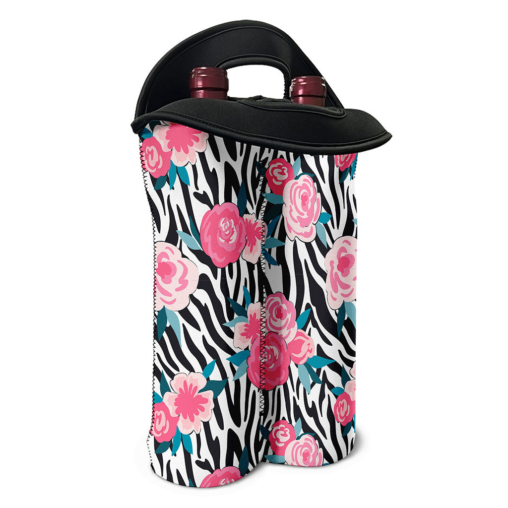 Black White Zebra Floral Pattern Print Double Neoprene Wine Tote