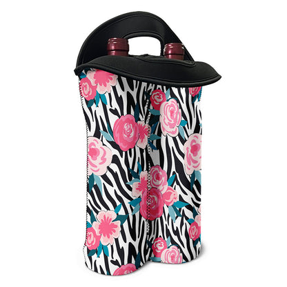Black White Zebra Floral Pattern Print Double Neoprene Wine Tote