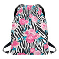 Black White Zebra Floral Pattern Print Drawstring Backpack