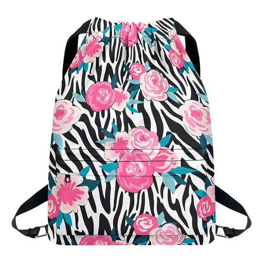 Black White Zebra Floral Pattern Print Drawstring Backpack