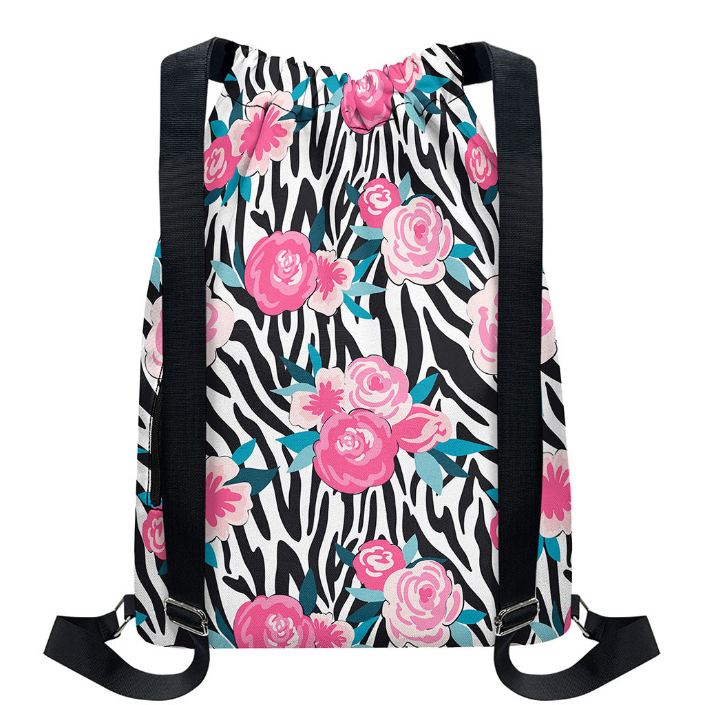 Black White Zebra Floral Pattern Print Drawstring Backpack