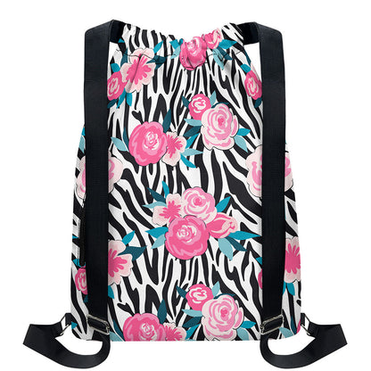 Black White Zebra Floral Pattern Print Drawstring Backpack