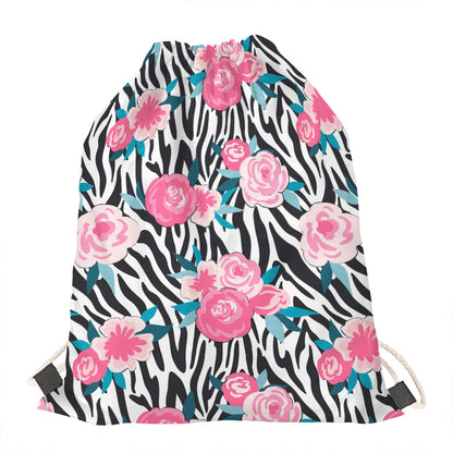 Black White Zebra Floral Pattern Print Drawstring Bag
