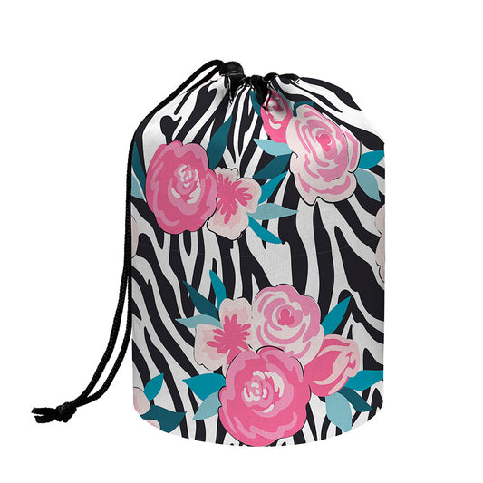 Black White Zebra Floral Pattern Print Drawstring Makeup Bag