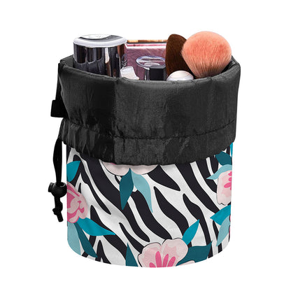 Black White Zebra Floral Pattern Print Drawstring Makeup Bag