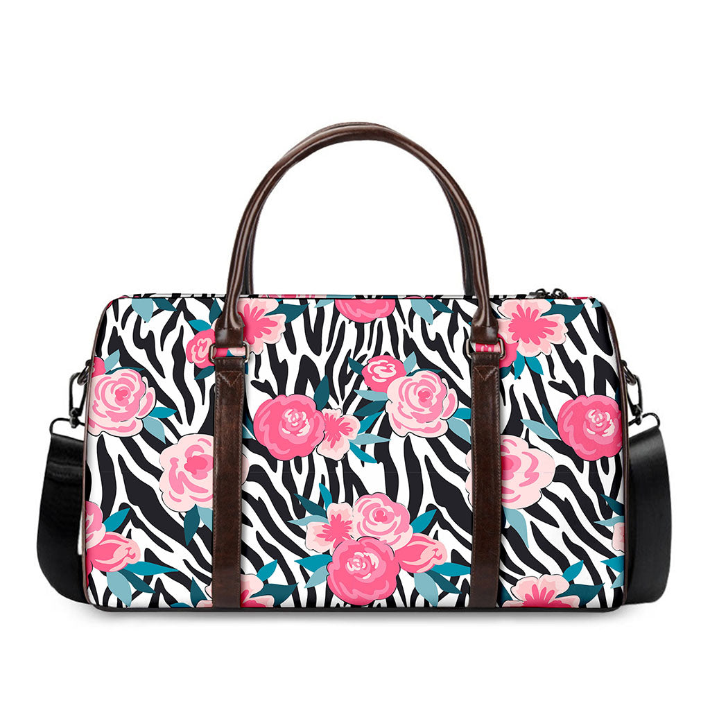 Black White Zebra Floral Pattern Print Duffle Bag