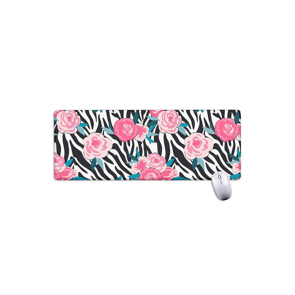 Black White Zebra Floral Pattern Print Extended Mouse Pad