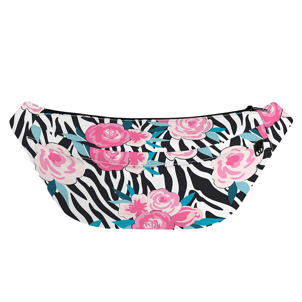 Black White Zebra Floral Pattern Print Fanny Pack