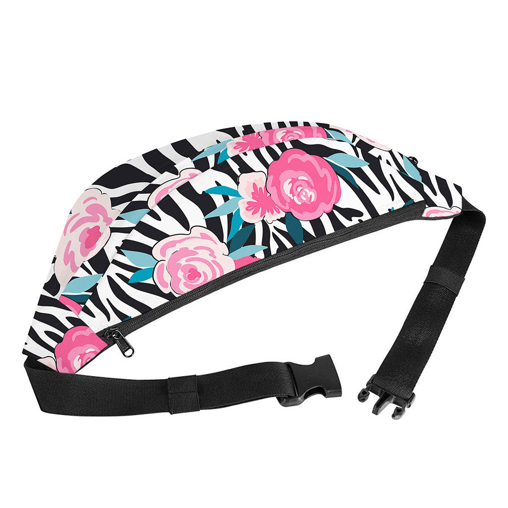 Black White Zebra Floral Pattern Print Fanny Pack