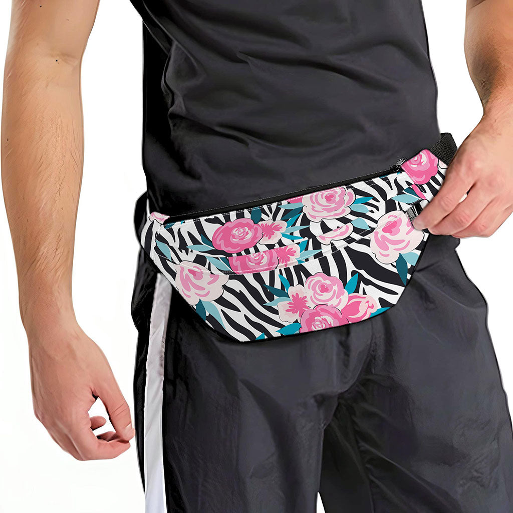 Black White Zebra Floral Pattern Print Fanny Pack