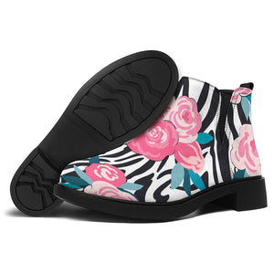 Black White Zebra Floral Pattern Print Flat Ankle Boots