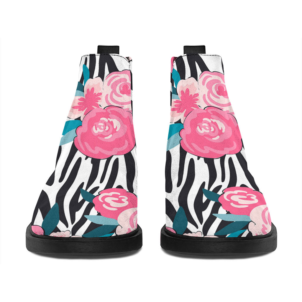 Black White Zebra Floral Pattern Print Flat Ankle Boots