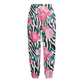Black White Zebra Floral Pattern Print Fleece Lined Knit Pants