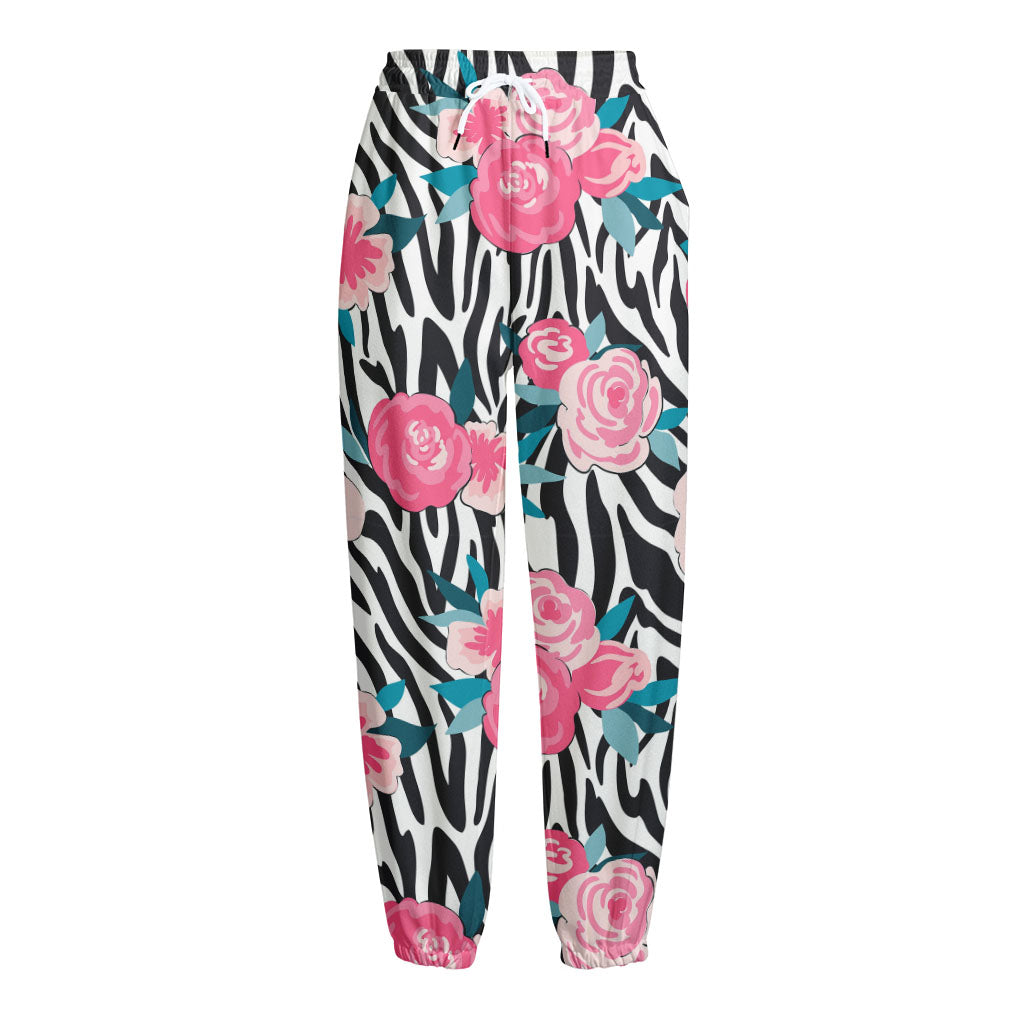 Black White Zebra Floral Pattern Print Fleece Lined Knit Pants