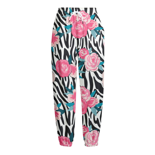 Black White Zebra Floral Pattern Print Fleece Lined Knit Pants