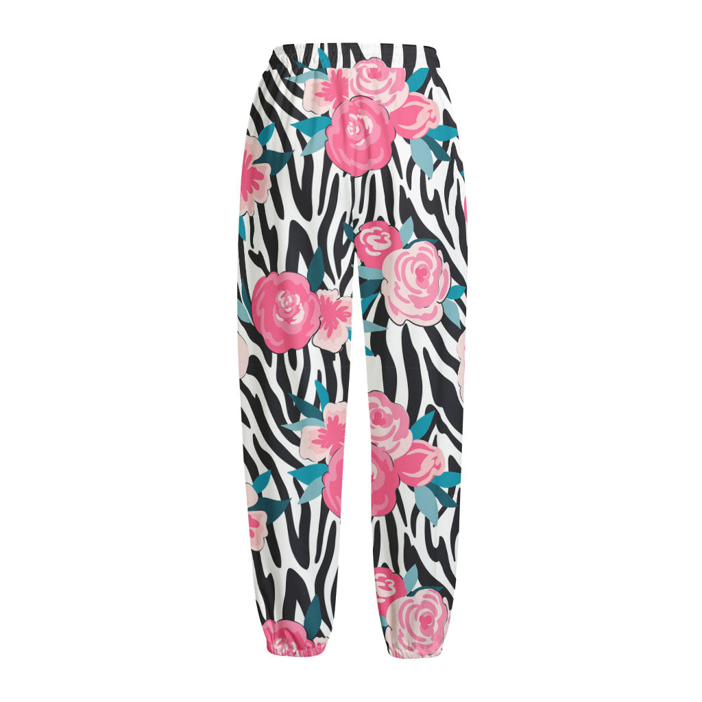 Black White Zebra Floral Pattern Print Fleece Lined Knit Pants
