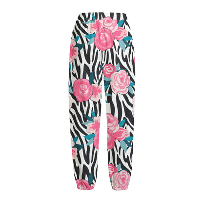 Black White Zebra Floral Pattern Print Fleece Lined Knit Pants
