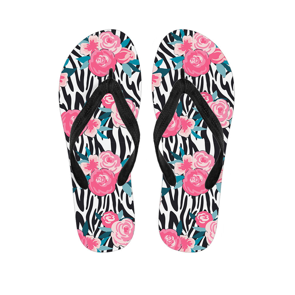 Black White Zebra Floral Pattern Print Flip Flops