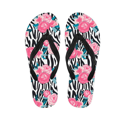 Black White Zebra Floral Pattern Print Flip Flops
