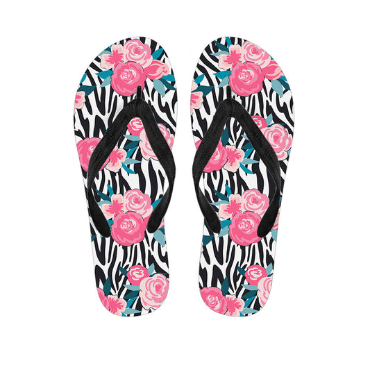 Black White Zebra Floral Pattern Print Flip Flops