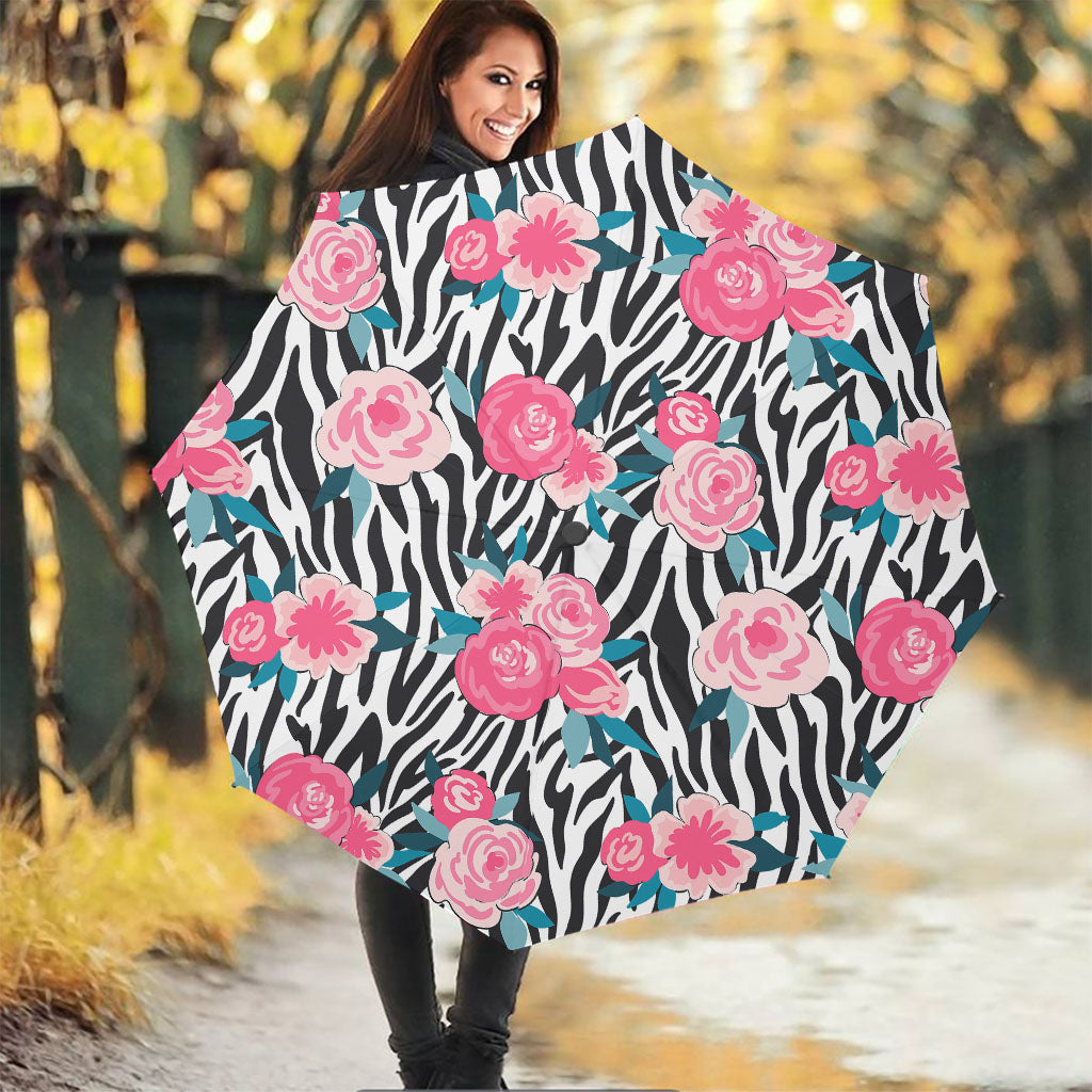 Black White Zebra Floral Pattern Print Foldable Umbrella