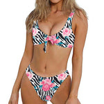 Black White Zebra Floral Pattern Print Front Bow Tie Bikini