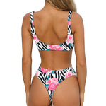 Black White Zebra Floral Pattern Print Front Bow Tie Bikini