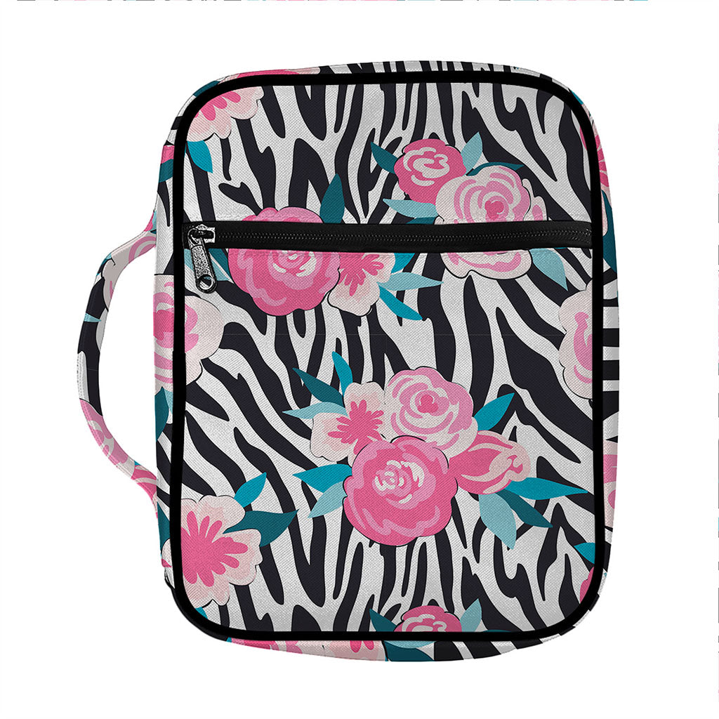 Black White Zebra Floral Pattern Print Front Pocket Bible Bag