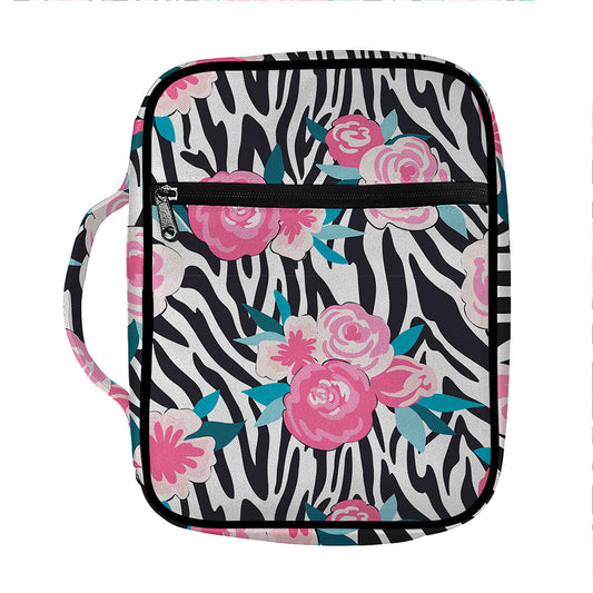 Black White Zebra Floral Pattern Print Front Pocket Bible Bag