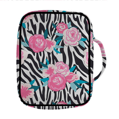 Black White Zebra Floral Pattern Print Front Pocket Bible Bag