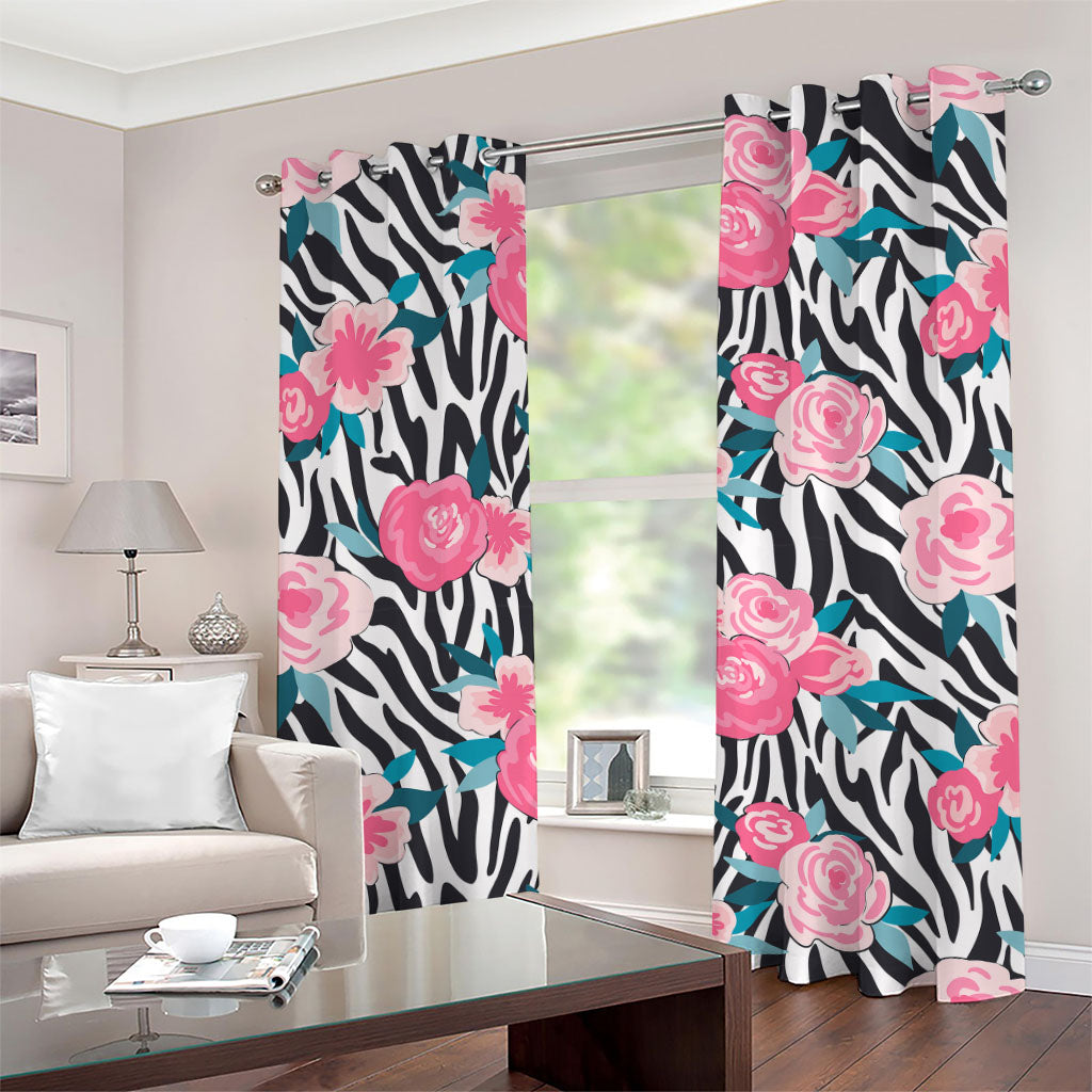 Black White Zebra Floral Pattern Print Grommet Curtains