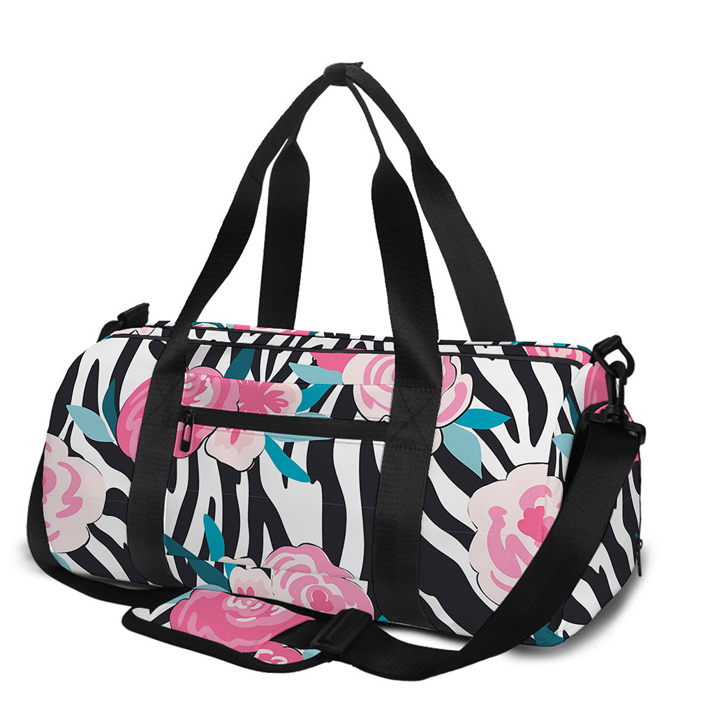 Black White Zebra Floral Pattern Print Gym Bag