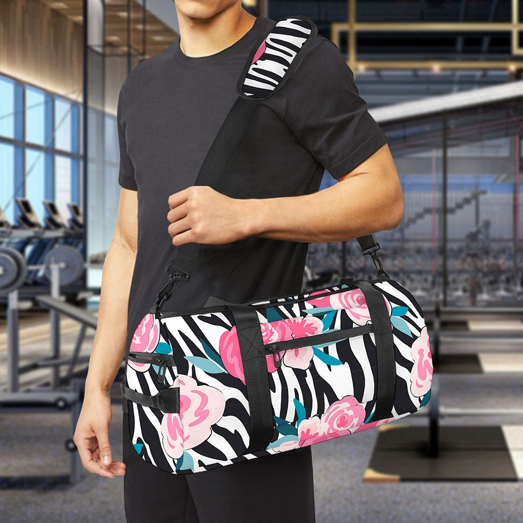Black White Zebra Floral Pattern Print Gym Bag