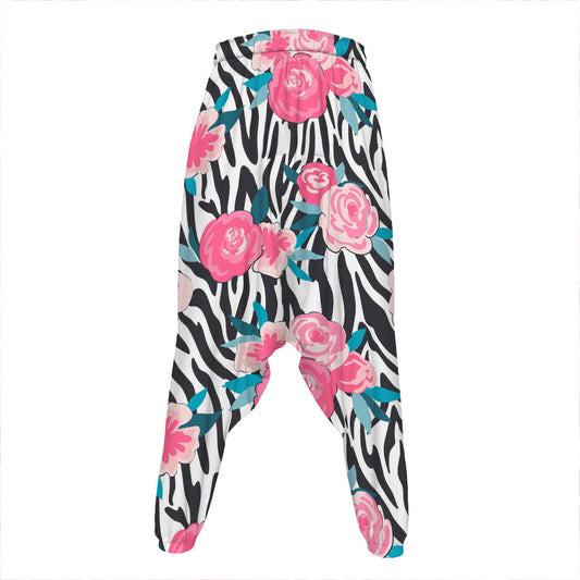 Black White Zebra Floral Pattern Print Hammer Pants
