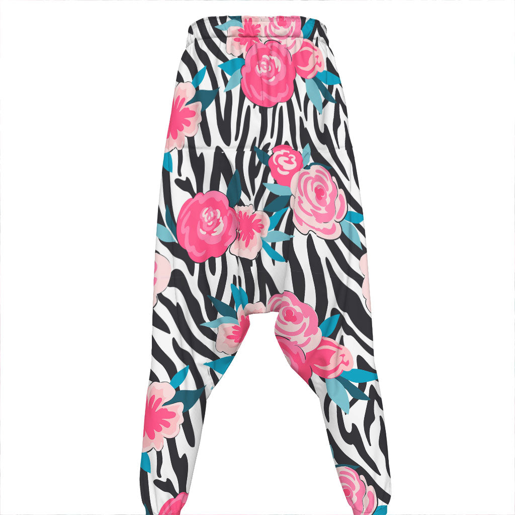 Black White Zebra Floral Pattern Print Hammer Pants