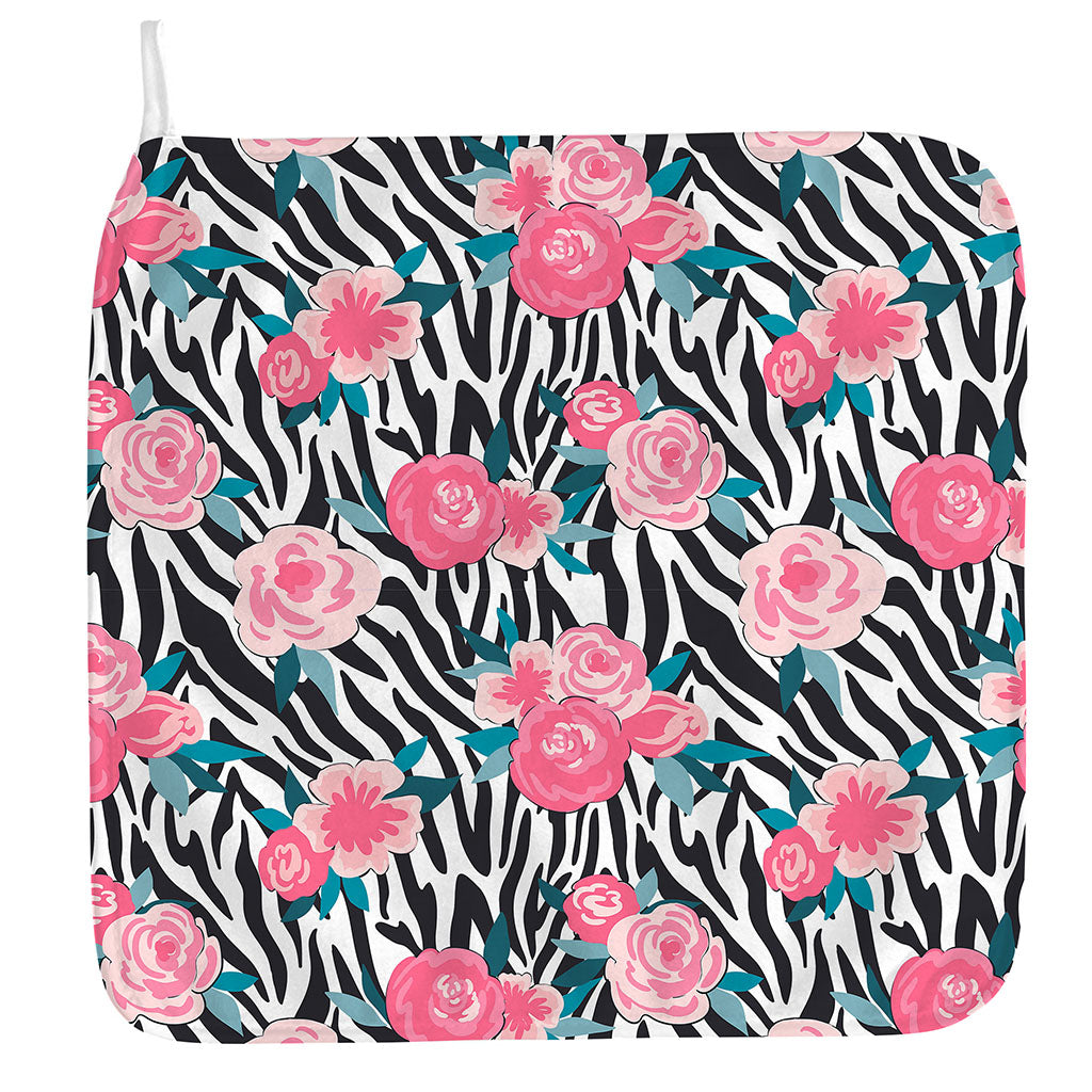 Black White Zebra Floral Pattern Print Hand Towel