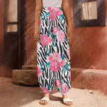 Black White Zebra Floral Pattern Print Harem Pants