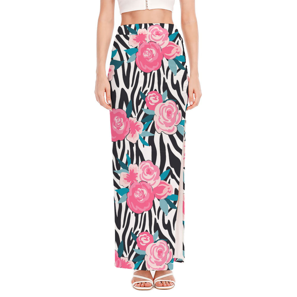 Black White Zebra Floral Pattern Print High Slit Maxi Skirt