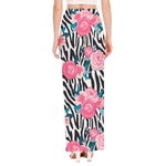 Black White Zebra Floral Pattern Print High Slit Maxi Skirt