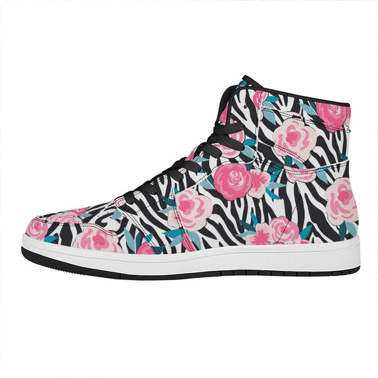 Black White Zebra Floral Pattern Print High Top Leather Sneakers